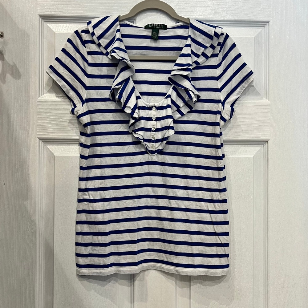Lauren Ralph Lauren Top Cotton Striped Nautical Ruffle Blue White Coastal Large